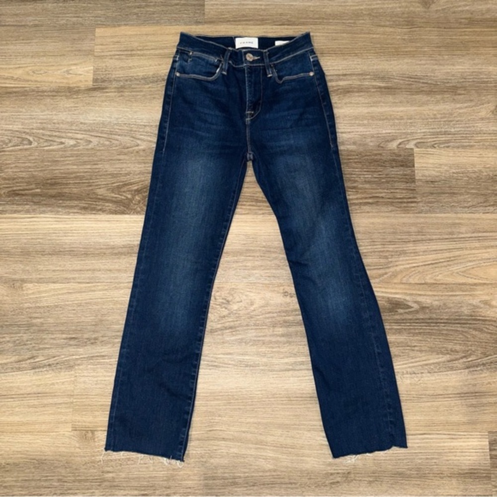 FRAME Le High Straight Jeans Dark Wash Raw Hem Blue Denim Size 26 LHSTRA416